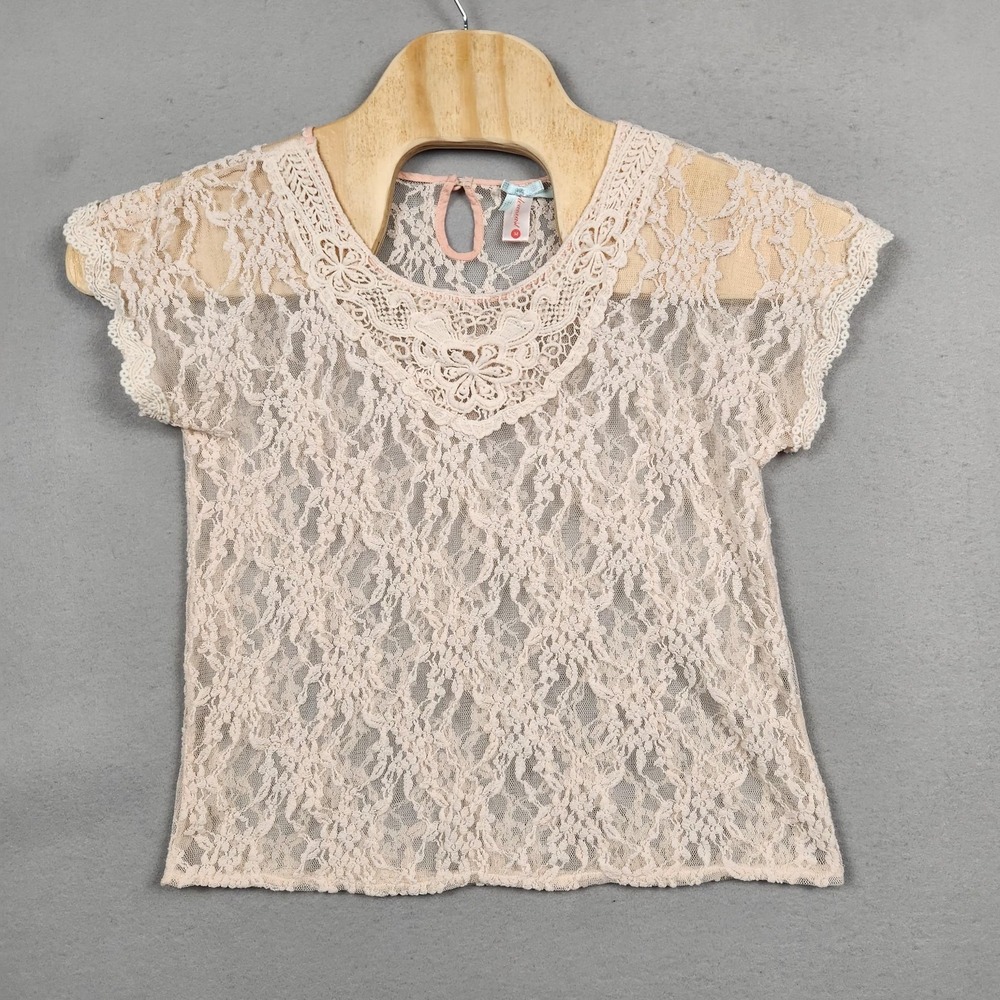 Downeast Lace Shirt Womens Medium Ivory Pink Sheer Cap Sleeve Keyhole Blouse